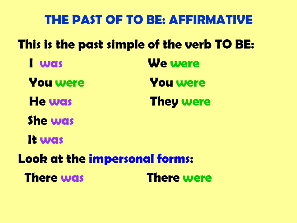 THE PAST OF TO BE: AFFIRMATIVE This is the past simple of the verb